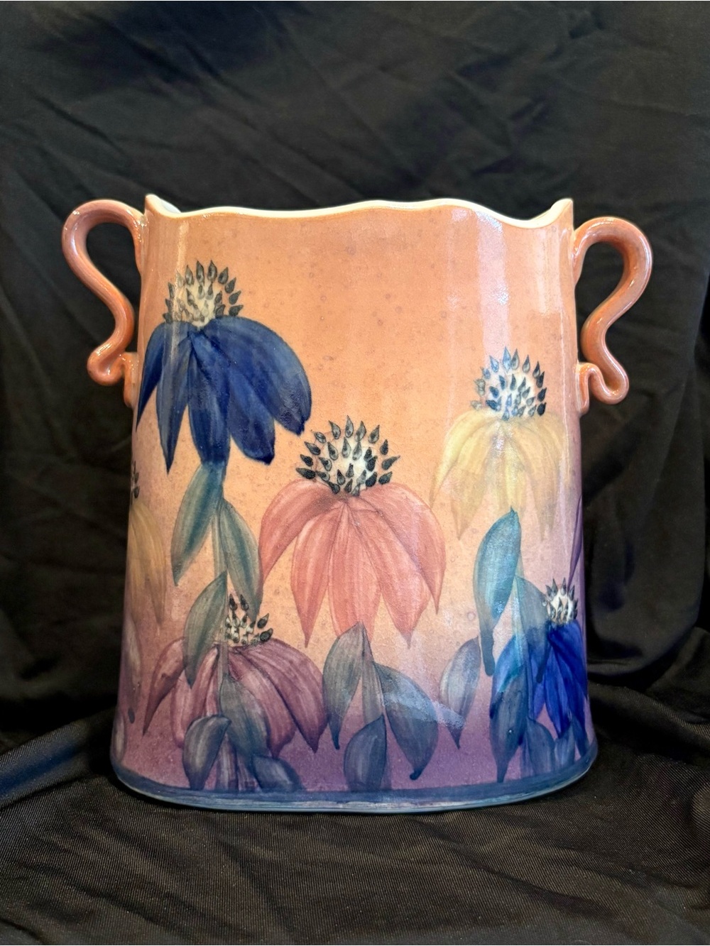 LINDEN HILLS POTTERY Art Vase Cone Flowers Hand Painted Orange Peach Purple LHP